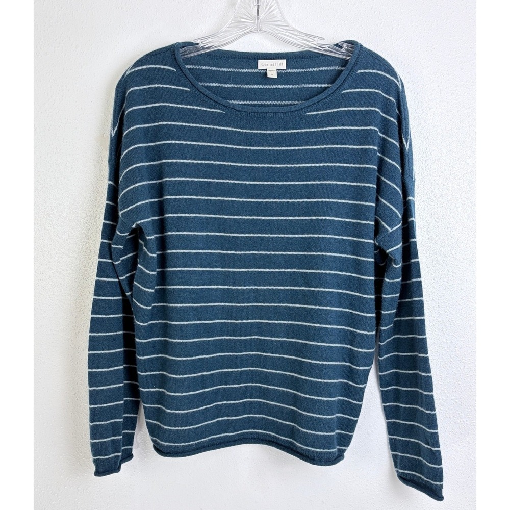 Garnet Hill Teal Striped Crewneck Sweater Drop Shoulder Medium *Flaw